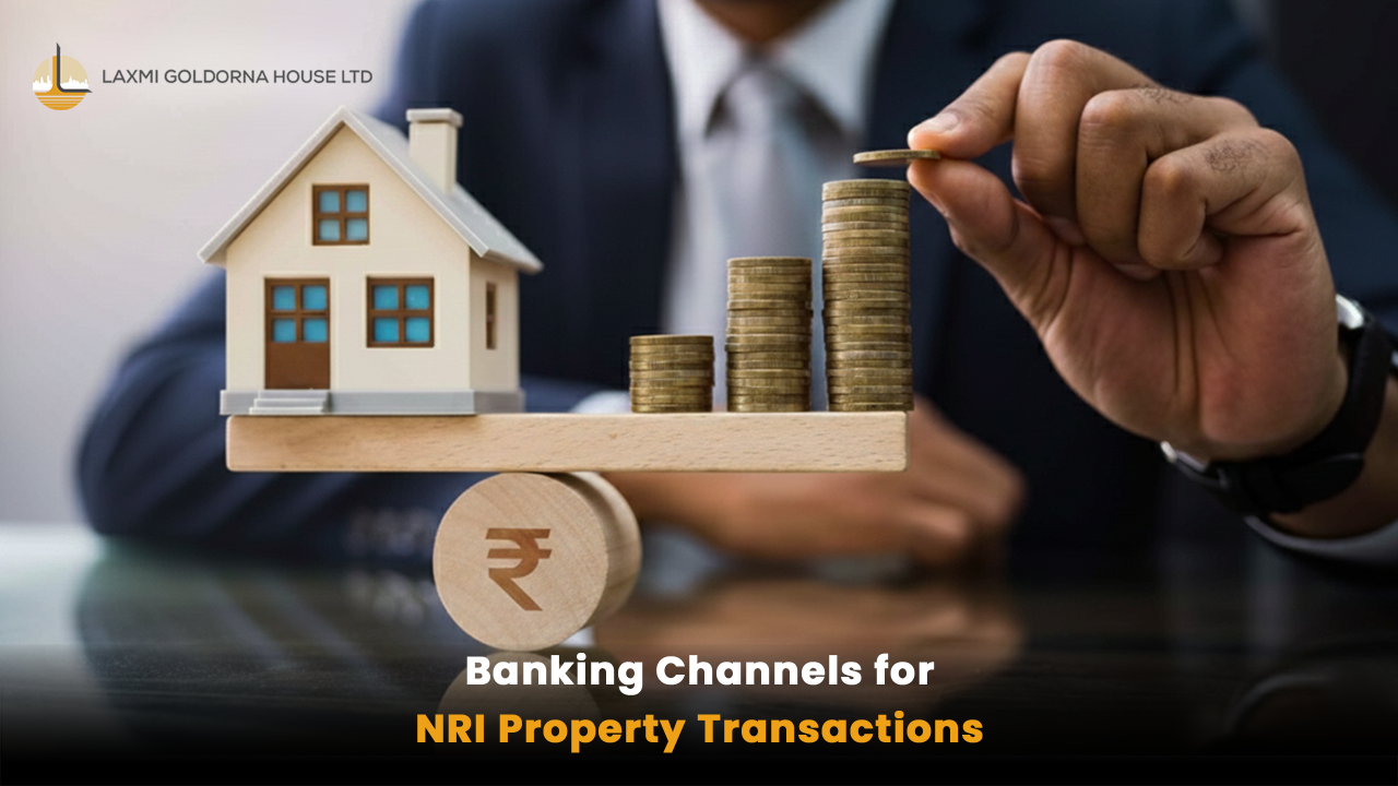 Miniature house and stacked coins balanced on a rupee symbol, representing secure banking channels for NRI property investment transactions in Ahmedabad