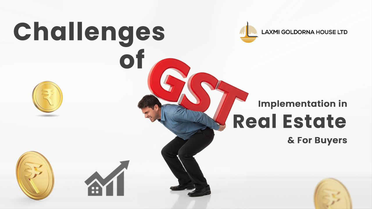 Frustrated man carrying the heavy red GST letters on his back, symbolizing the burden of tax compliance, transitional delays, and pricing issues in 2025 real estate sector under GST 2.0.