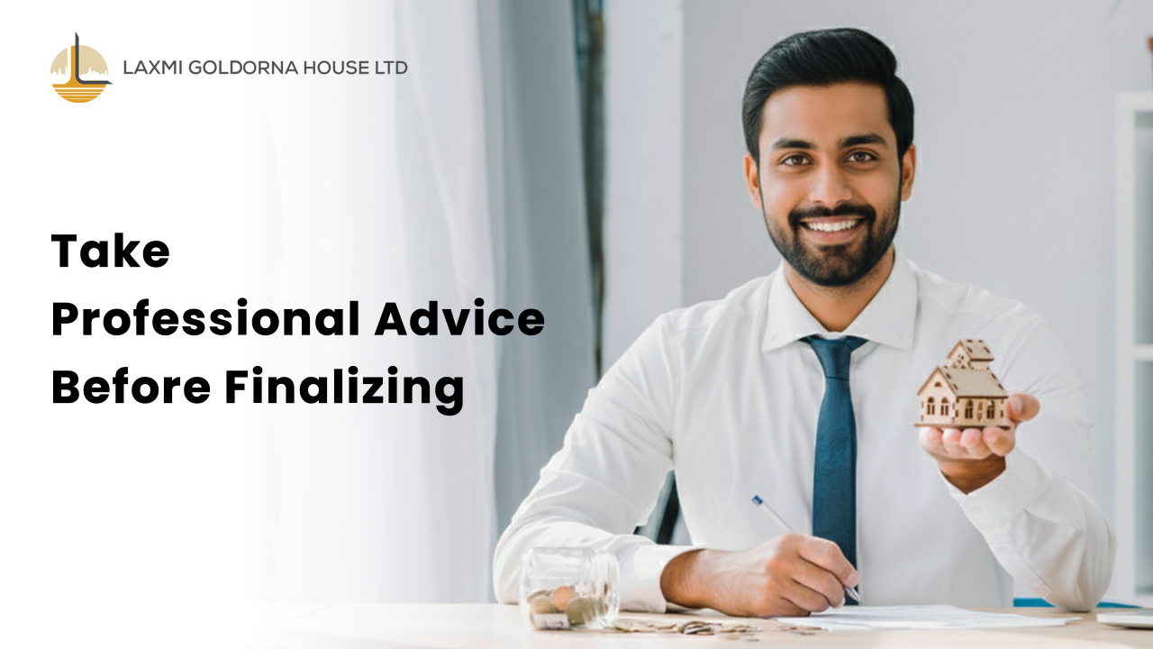Smiling real estate advisor holding a miniature house and paperwork, emphasizing the importance of taking professional advice before finalizing a property deal