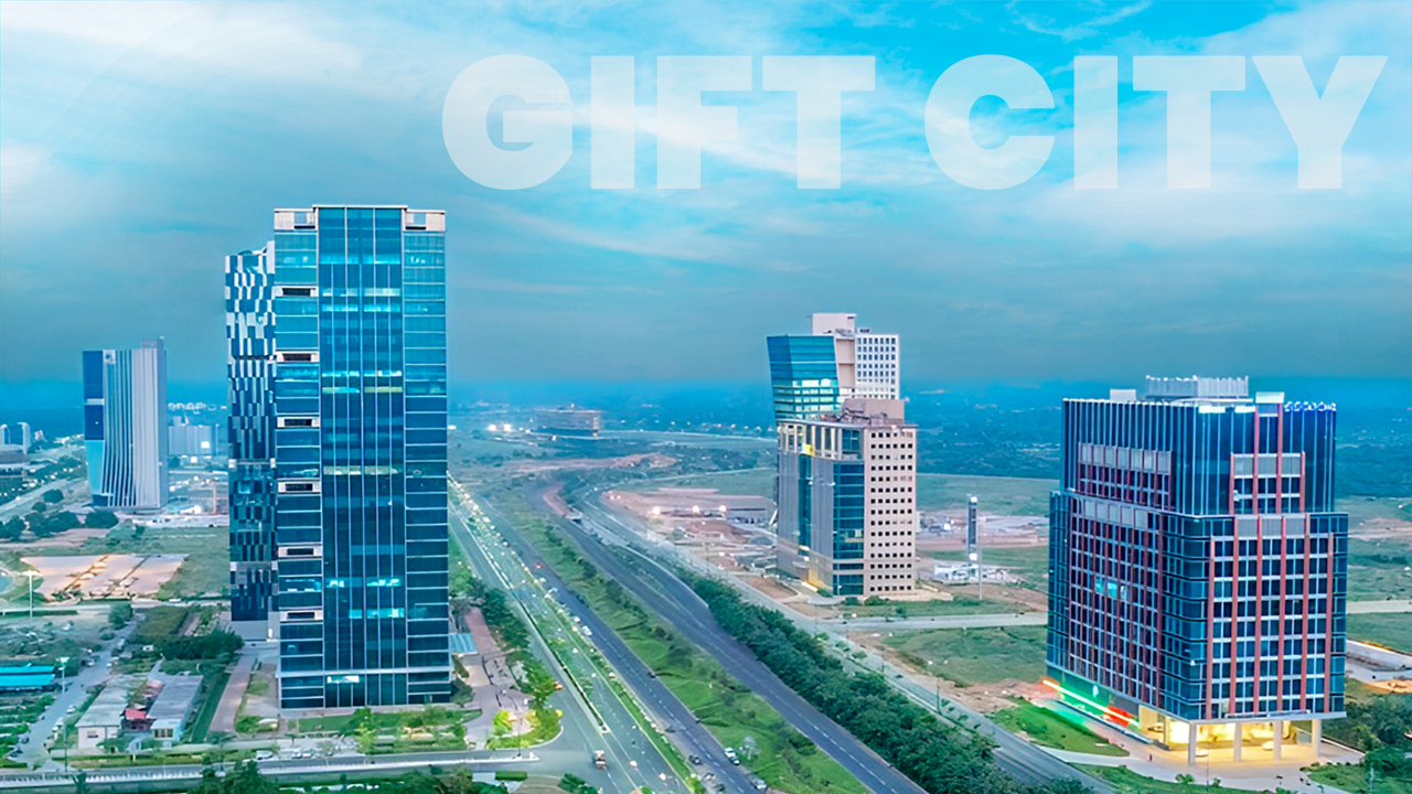 Modern skyline of GIFT City near Ahmedabad, showcasing India's first international financial hub and a top real estate investment zone for NRIs