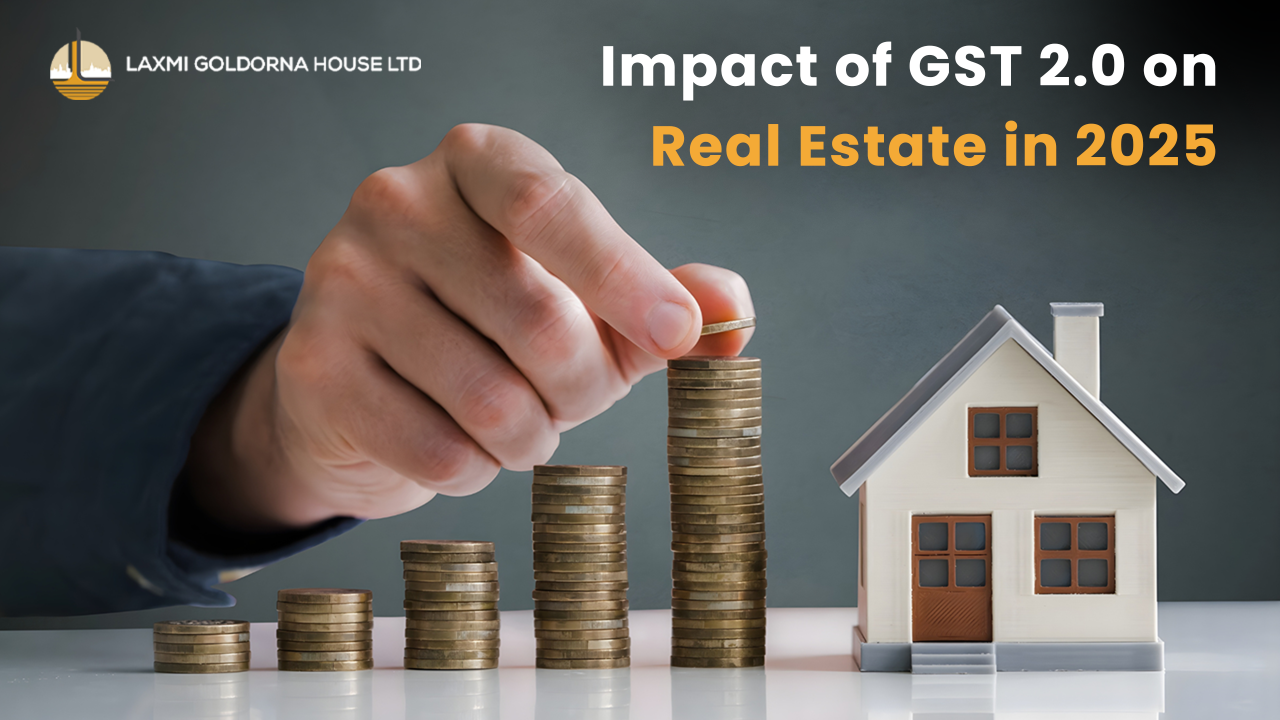 Stacked coins increasing in height beside a miniature house, symbolizing GST 2.0’s impact on real estate prices, builder profitability, and homebuyer savings in India for 2025.