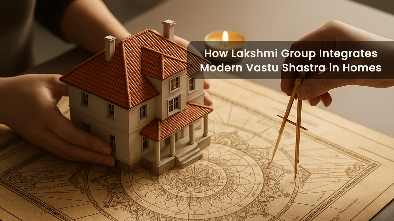 Hands holding a house model over a traditional Vastu diagram with a compass, symbolizing Lakshmi Group’s integration of modern Vastu principles in home layout, orientation, and sustainable architecture.