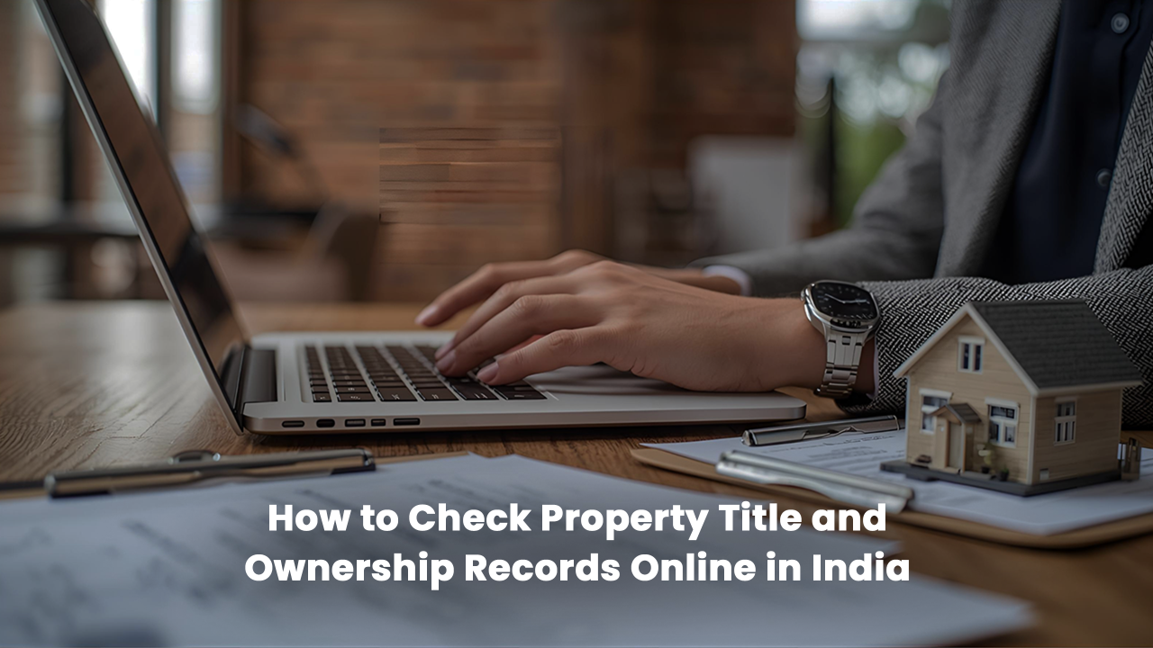 Person checking property title and ownership records on a laptop with miniature house and legal documents on desk, representing online land record search process in India