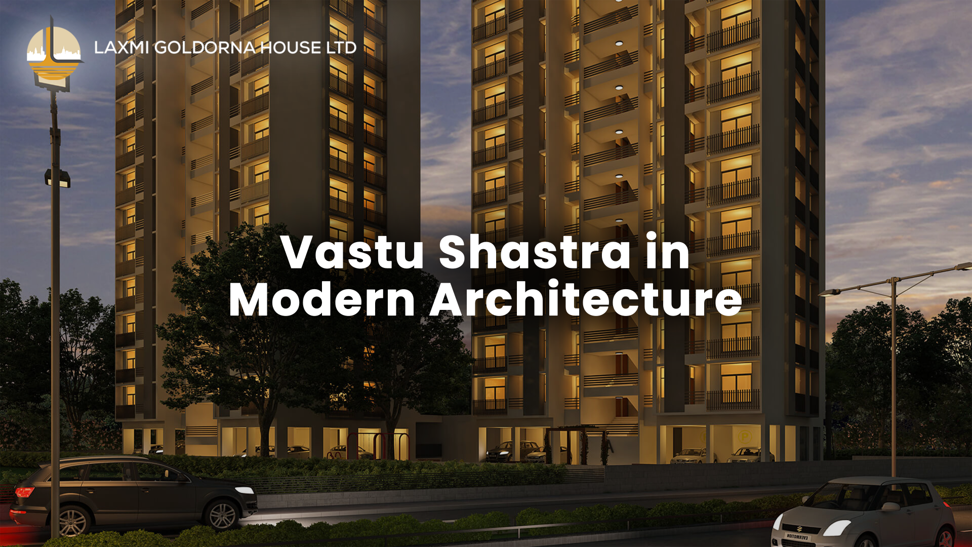 Modern high-rise residential building at dusk with lit balconies, showcasing the integration of Vastu Shastra principles into contemporary architectural design for energy balance and urban living.