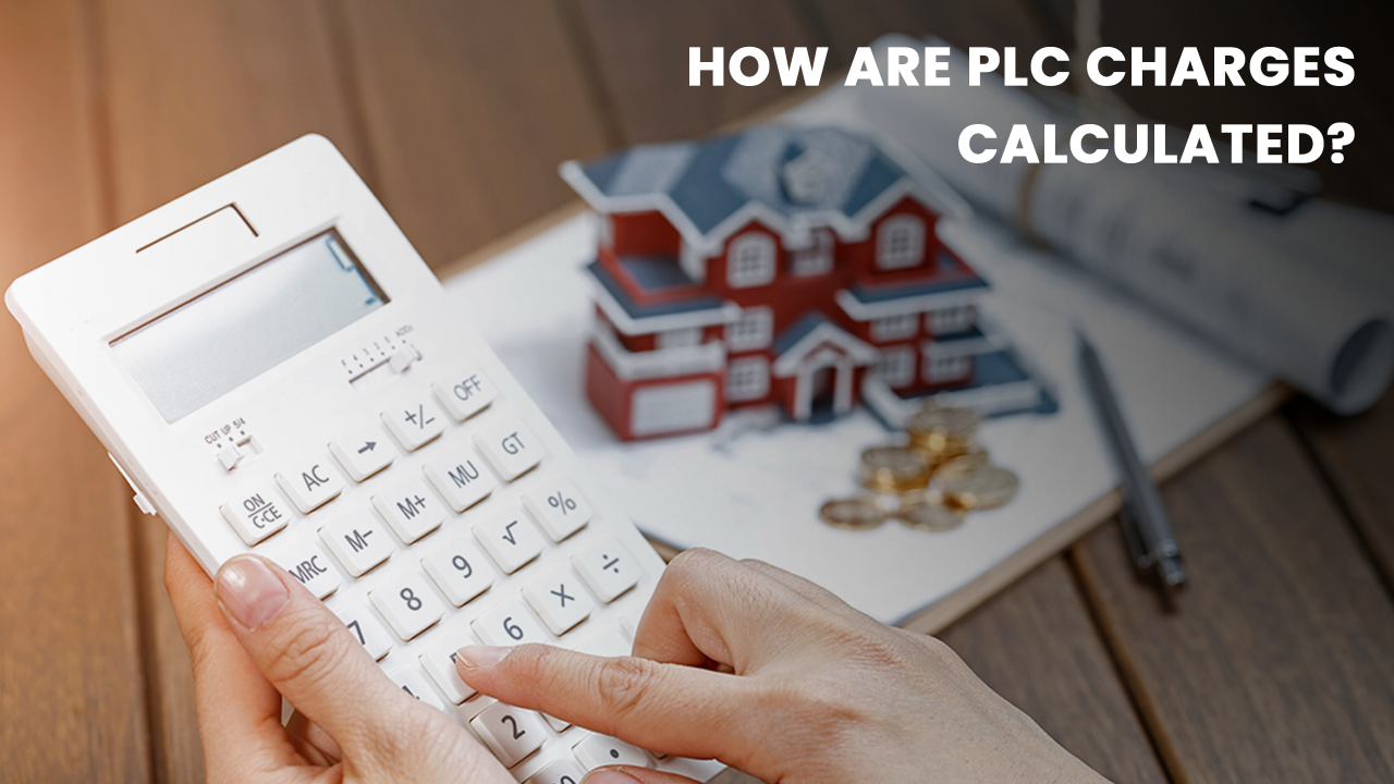 Close-up of hands using a calculator with house model and coins in background, representing how PLC charges are calculated per square foot in real estate based on flat size and premium location.