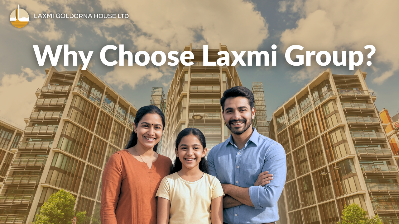 Happy family standing in front of modern residential buildings with the headline “Why Choose Laxmi Group?”, promoting trusted, RERA-compliant real estate projects in Gujarat with transparency and timely delivery
