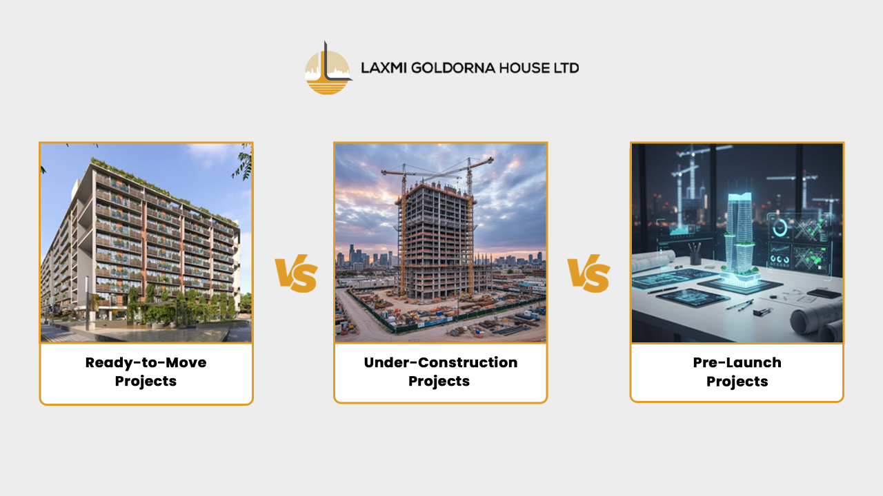 Comparison of ready-to-move, under-construction, and pre-launch residential projects, helping homebuyers in Ahmedabad decide the best property type based on budget, risk, and possession timeline