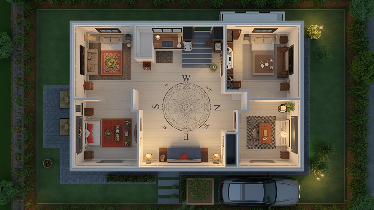 Top view of a modern Vastu-compliant house floor plan with directional compass, illustrating energy-aligned room placement, natural lighting, and balanced layout promoting health and harmony.