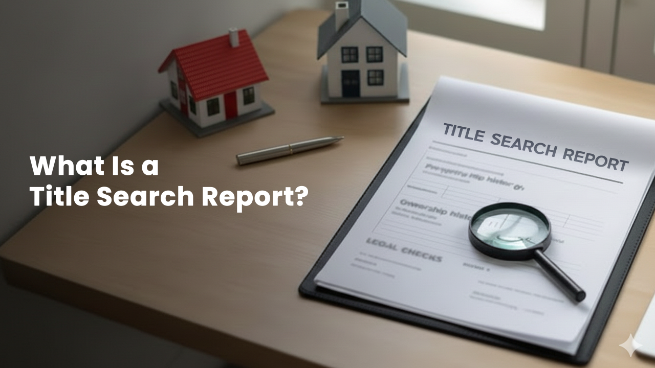 Title search report document with magnifying glass on table beside miniature houses, illustrating the process of verifying property title and ownership history in India.