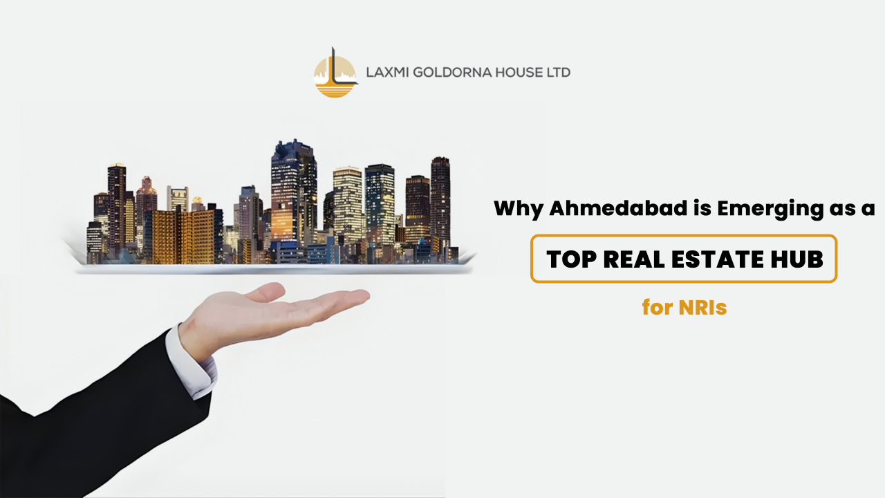 Businessman holding city skyline model symbolizing Ahmedabad’s emergence as a top real estate hub for NRI property investment in India