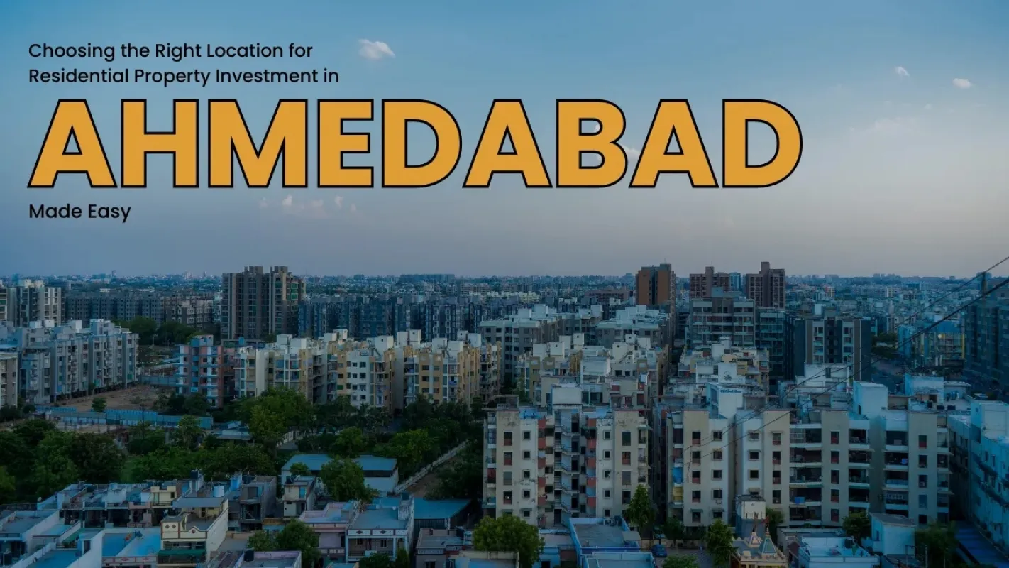 Skyline of residential apartments in Ahmedabad city, highlighting the right location for property investment.