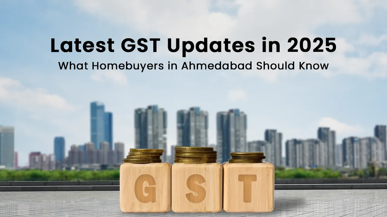 Wooden blocks with coins on top spelling GST placed in front of modern Ahmedabad city skyline, symbolizing 2025 GST updates for homebuyers and real estate investments.