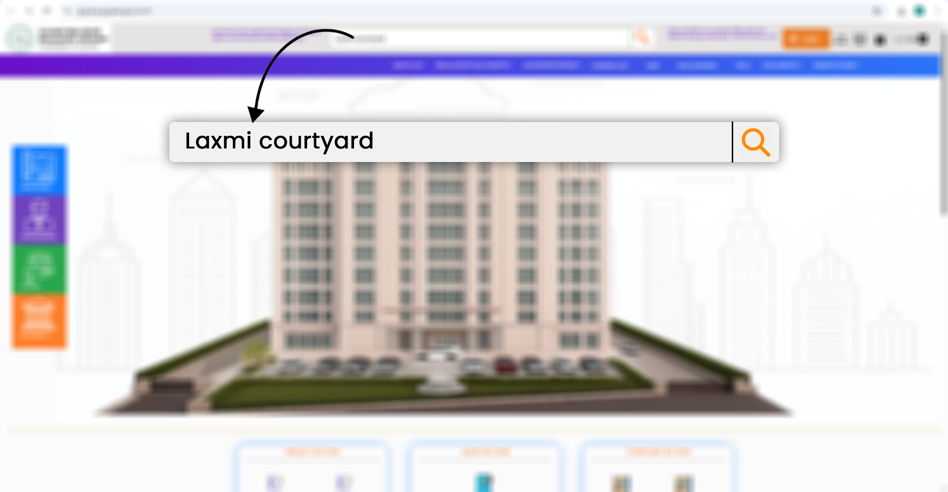 Zoomed-in view of Gujarat RERA website search bar with "Laxmi courtyard" typed in, showing how to search project details using name, promoter, RERA number, or location for compliance verification