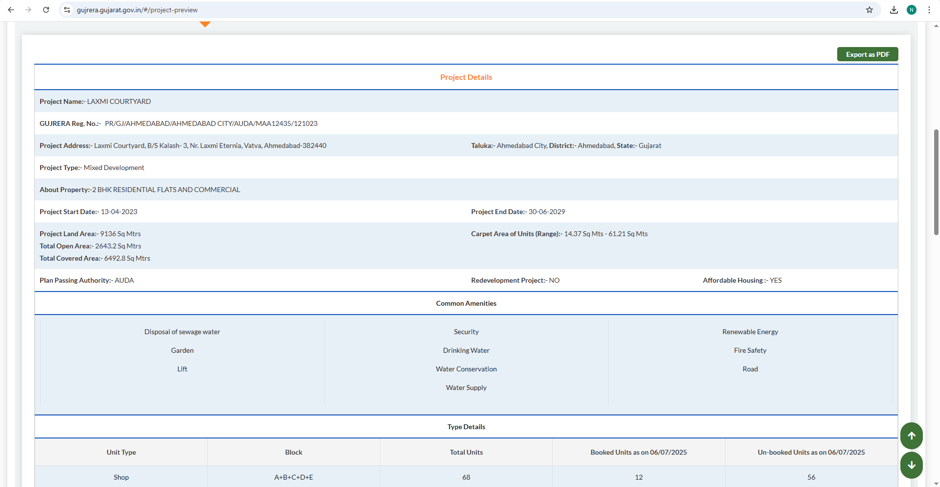 Project details section of Laxmi Courtyard on the Gujarat RERA portal, showing registration, carpet area, land stats, amenities, and an option to export compliance documents as PDF for legal proof and transparency