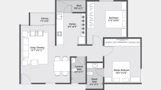 What is 2 BHK flat plan showing two bedrooms, one hall, one kitchen, and two bathrooms — a perfect choice for small families seeking comfort and value.