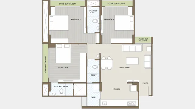 What is 3 BHK flat plan showing three bedrooms, large living and dining area, kitchen, and multiple bathrooms — best for joint or growing families.
