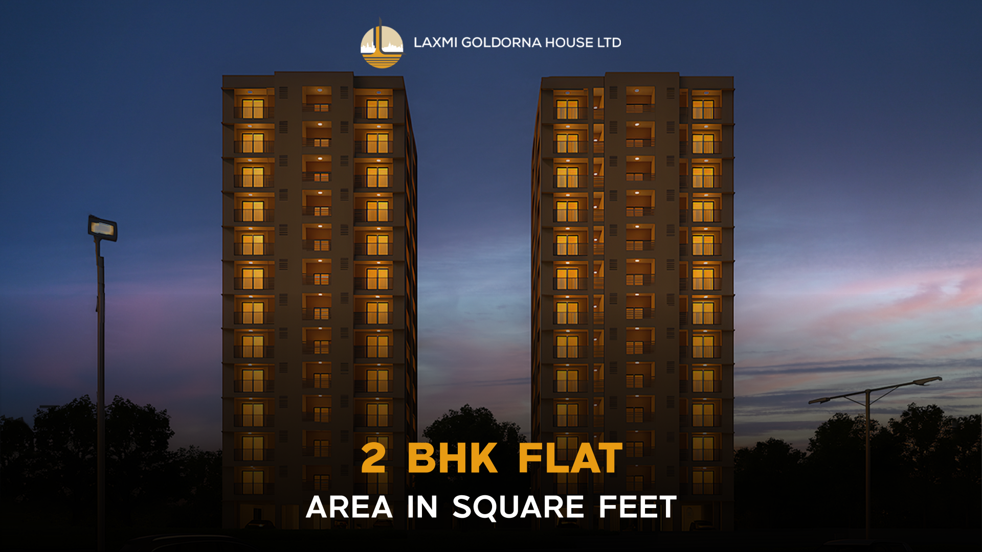 Two mid-rise residential towers illuminated at dusk, representing typical 2 BHK flats in Ahmedabad, helping buyers understand built-up and carpet area in square feet while choosing the right-sized home.