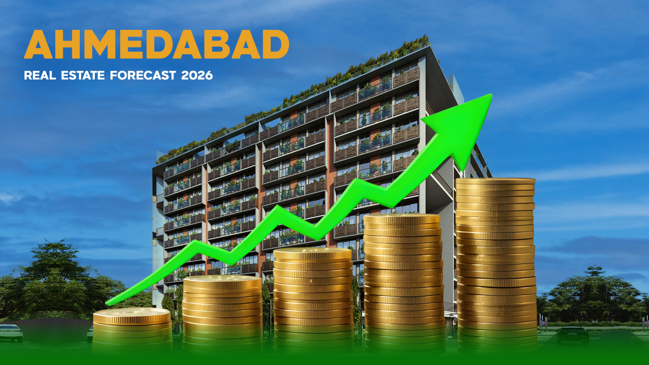 Modern residential apartment building in Ahmedabad with rising coin stacks and an upward green arrow, symbolizing forecasted 8–12% real estate price appreciation and booming investment opportunities by 2026.
