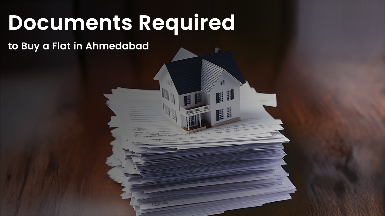 Stack of legal documents with a miniature house model on top, representing the key paperwork needed to buy a flat in Ahmedabad — especially as 2 BHK flats are in high demand across the city’s real estate market.