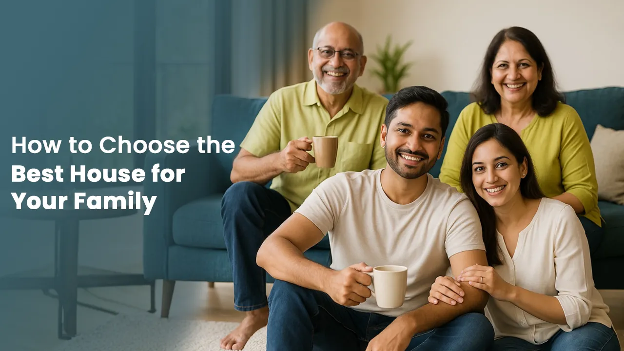 Smiling Indian family of four sitting together in their living room, representing the importance of choosing the best 2 BHK flat in Ahmedabad that fits lifestyle, budget, and family needs — highlighting why 2 BHK flats are in high demand in the city.