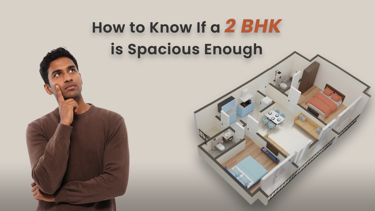 Thoughtful homebuyer looking at a 3D floor plan of a 2 BHK apartment, highlighting key features like carpet area, balconies, utility space, and efficient layout — helping evaluate if a 2 BHK flat offers enough space for comfortable living.