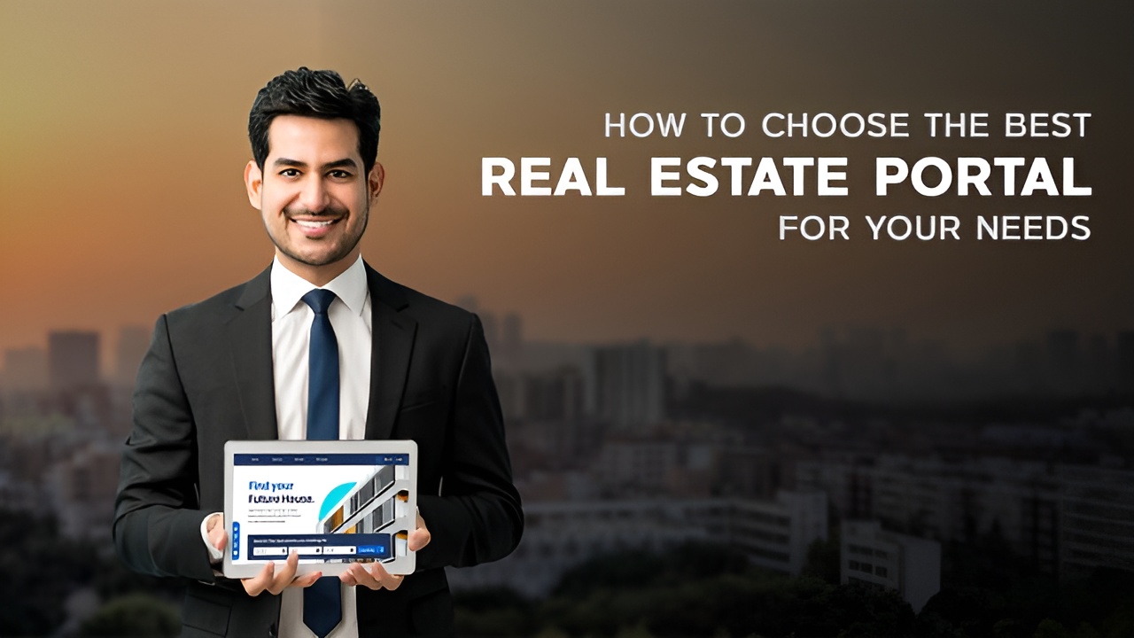 Smiling real estate agent in a suit holding a tablet with a property portal on screen, set against the Ahmedabad skyline — guiding users on choosing top digital platforms like MagicBricks, 99acres, and NoBroker over traditional brokers for smarter real estate decisions.