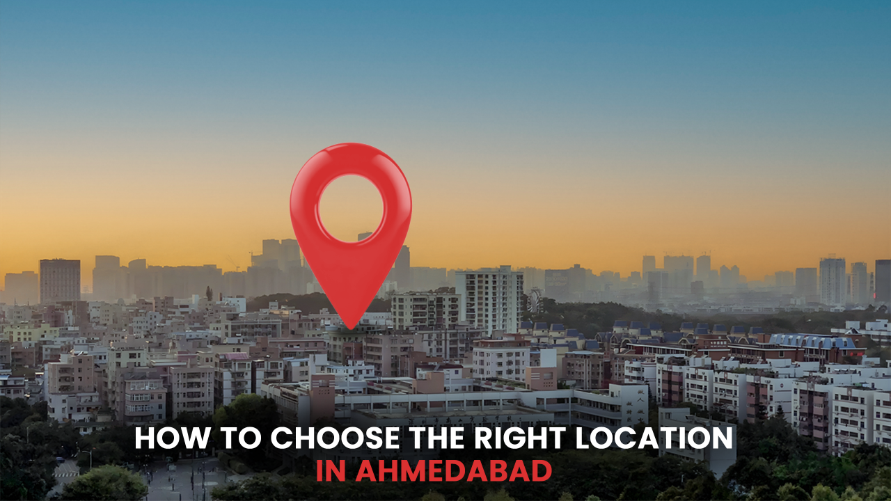 Cityscape of Ahmedabad with a red map location pin, symbolizing key factors like connectivity, safety, and growth potential that influence choosing the best area for 2 BHK flats — highlighting why they are in high demand across the city.