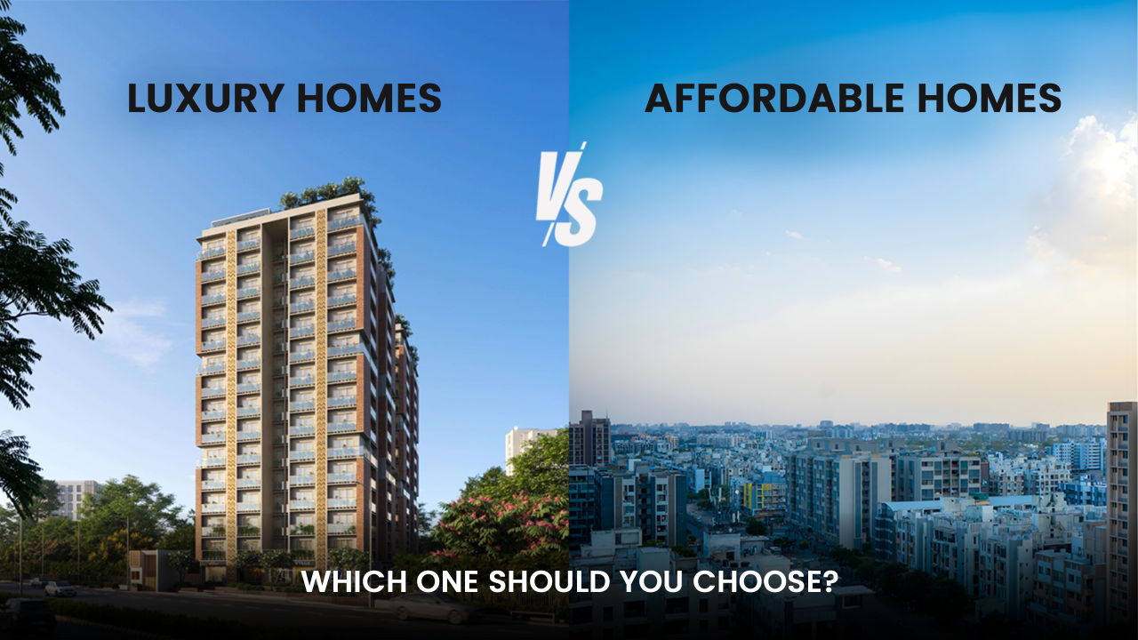 Side-by-side view of a luxury high-rise apartment and a dense affordable housing neighborhood in Ahmedabad, helping buyers compare lifestyle and cost — highlighting why 2 BHK flats are in high demand across both segments.