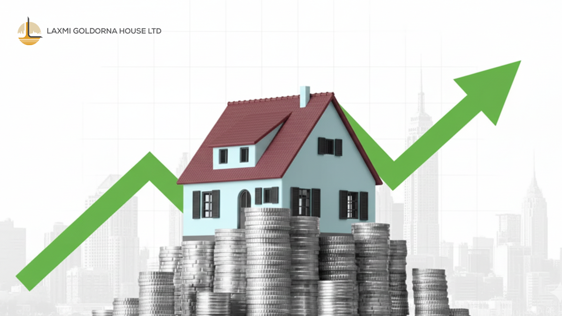 House on stacked coins with upward green arrow representing rental property investment growth and passive income strategy in 2025