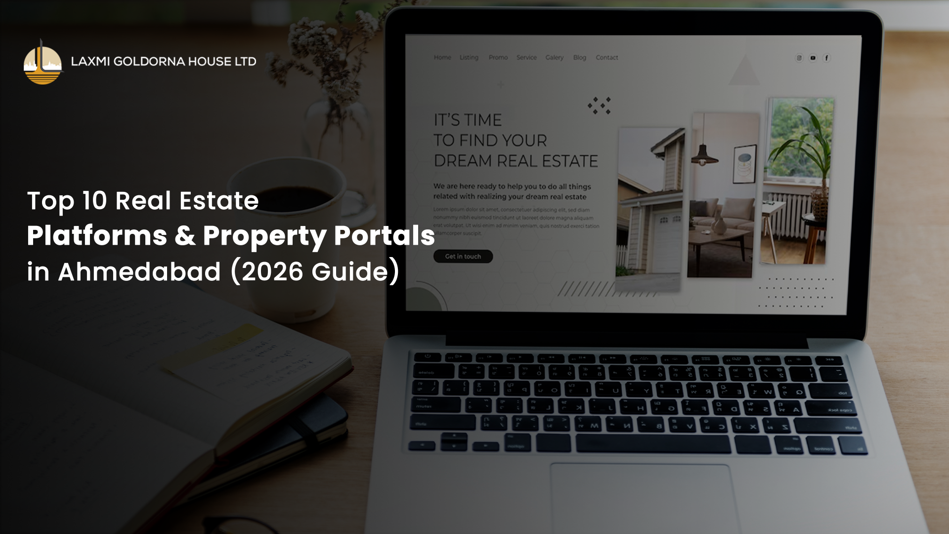 Laptop screen displaying a real estate website, symbolizing the top online platforms and digital property brokers in Ahmedabad for buying, selling, or renting homes — including 99acres, MagicBricks, and Housing.com.