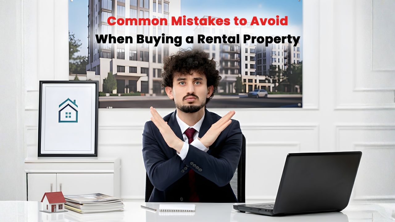 Real estate agent warning against common rental property buying mistakes with crossed arms, highlighting poor location choices, unrealistic rental yield expectations, and legal oversights in Ahmedabad property investment