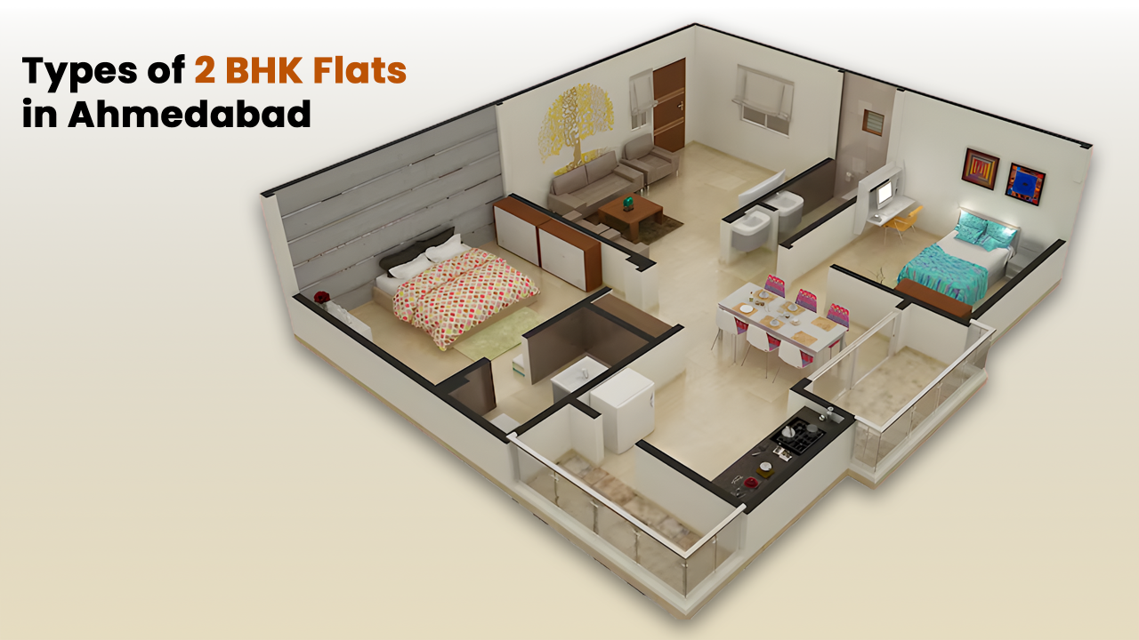 3D floor plan of a modern 2 BHK flat showing two bedrooms, kitchen, dining, and balcony — illustrating various types of 2 BHK flats in Ahmedabad, from compact to premium layouts based on area and family needs.