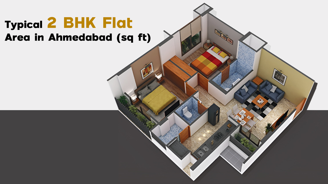 3D floor plan of a 2 BHK flat layout showing bedrooms, living room, kitchen, bathrooms, and balcony — illustrating ideal 2 BHK flat area in Ahmedabad ranging from 700 to 1,300 sq ft depending on configuration.