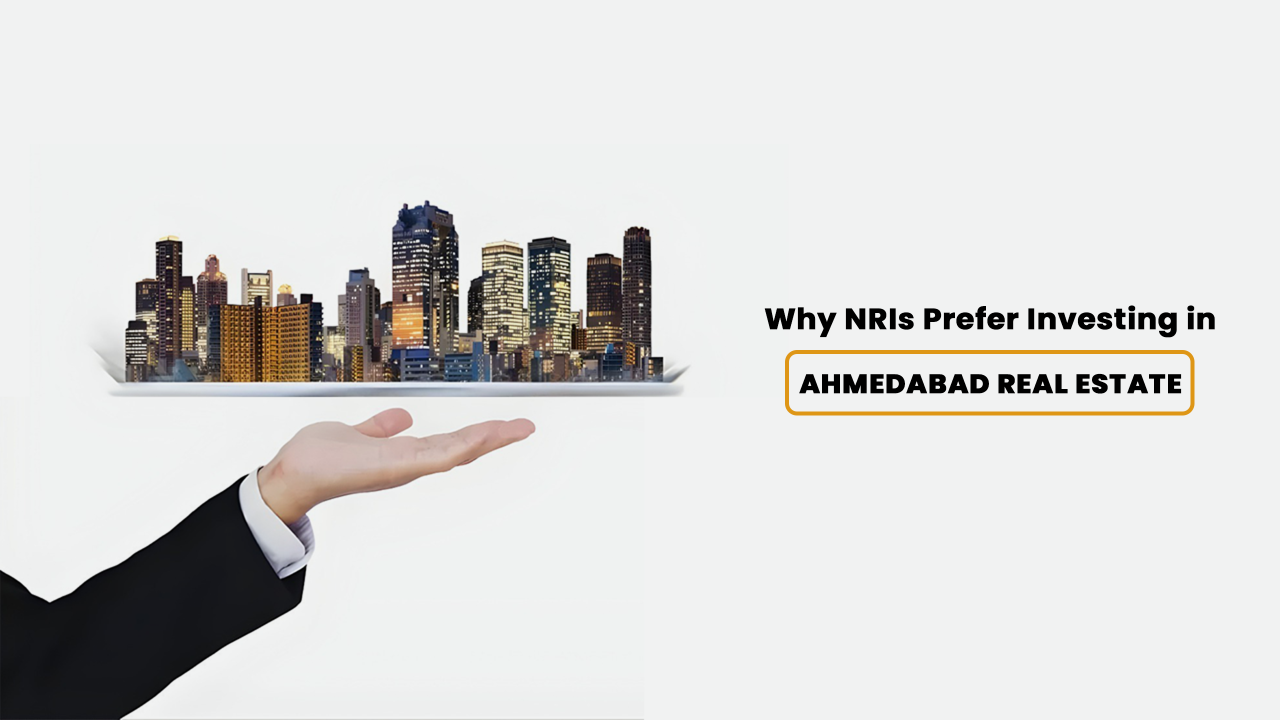 Businessman’s hand presenting a digital model of a modern city skyline, symbolizing NRI preference for investing in Ahmedabad real estate due to strong ROI, GIFT City growth, and stable property market in India’s fastest-growing real estate destination.