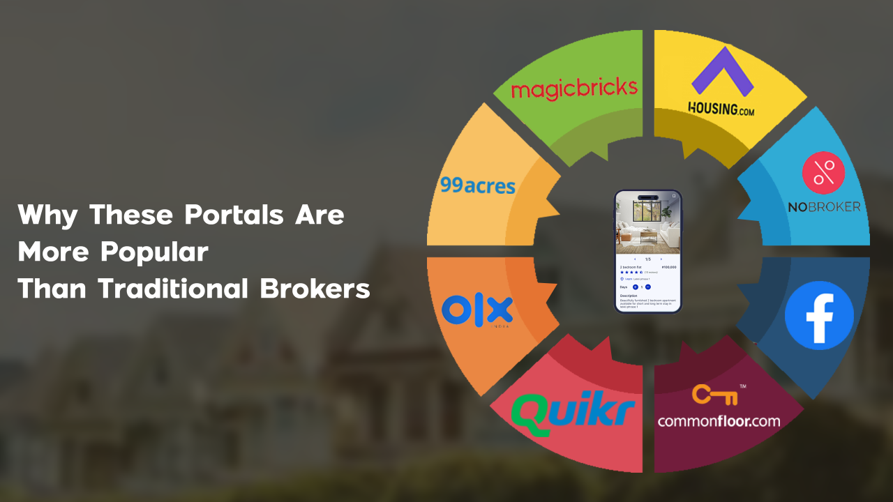 Infographic wheel featuring top real estate portals like MagicBricks, 99acres, Housing.com, NoBroker, OLX, Facebook, Quikr, and CommonFloor — highlighting why digital platforms are now preferred over traditional real estate brokers in Ahmedabad.