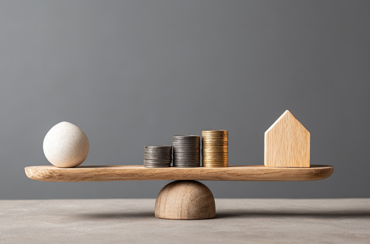 Wooden balance scale with coins and a house model symbolizing strong investment and rental potential of 1 BHK flats under ₹20 lakh at Laxmi Nivas, Ahmedabad.