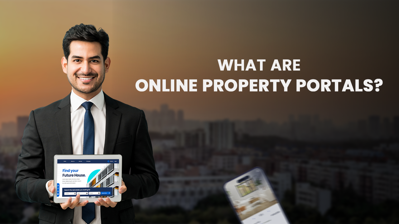 Smiling man in formal attire holding a tablet displaying a property search website, with text “What Are Online Property Portals?” against a cityscape background, representing the convenience and functionality of online property portals for real estate search in Ahmedabad.
