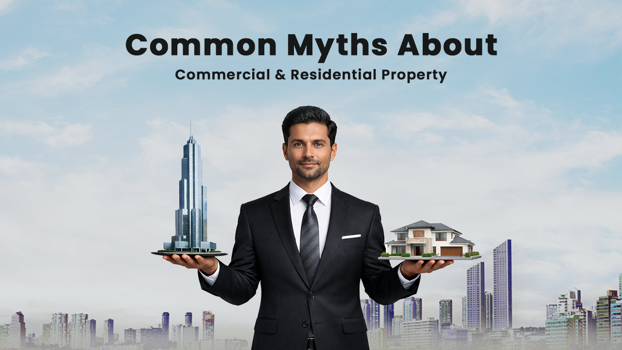 Man in a suit holding a model of a commercial skyscraper in one hand and a residential house in the other, representing common myths and realities about investing in commercial and residential property in 2026.