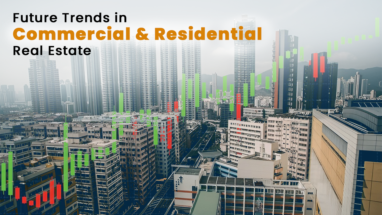 Skyline of modern commercial and residential buildings overlaid with green and red stock market trend bars, symbolizing the evolving investment trends in commercial vs residential real estate for 2026.