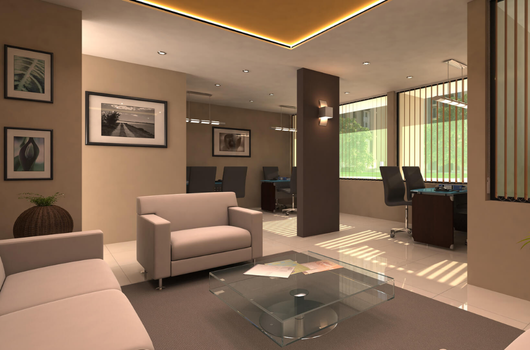 Contemporary admin office with elegant seating and workstations at Laxmi Nivas, Ahmedabad, highlighting professional support and transparent service for affordable 1 BHK flats under ₹20 lakh.