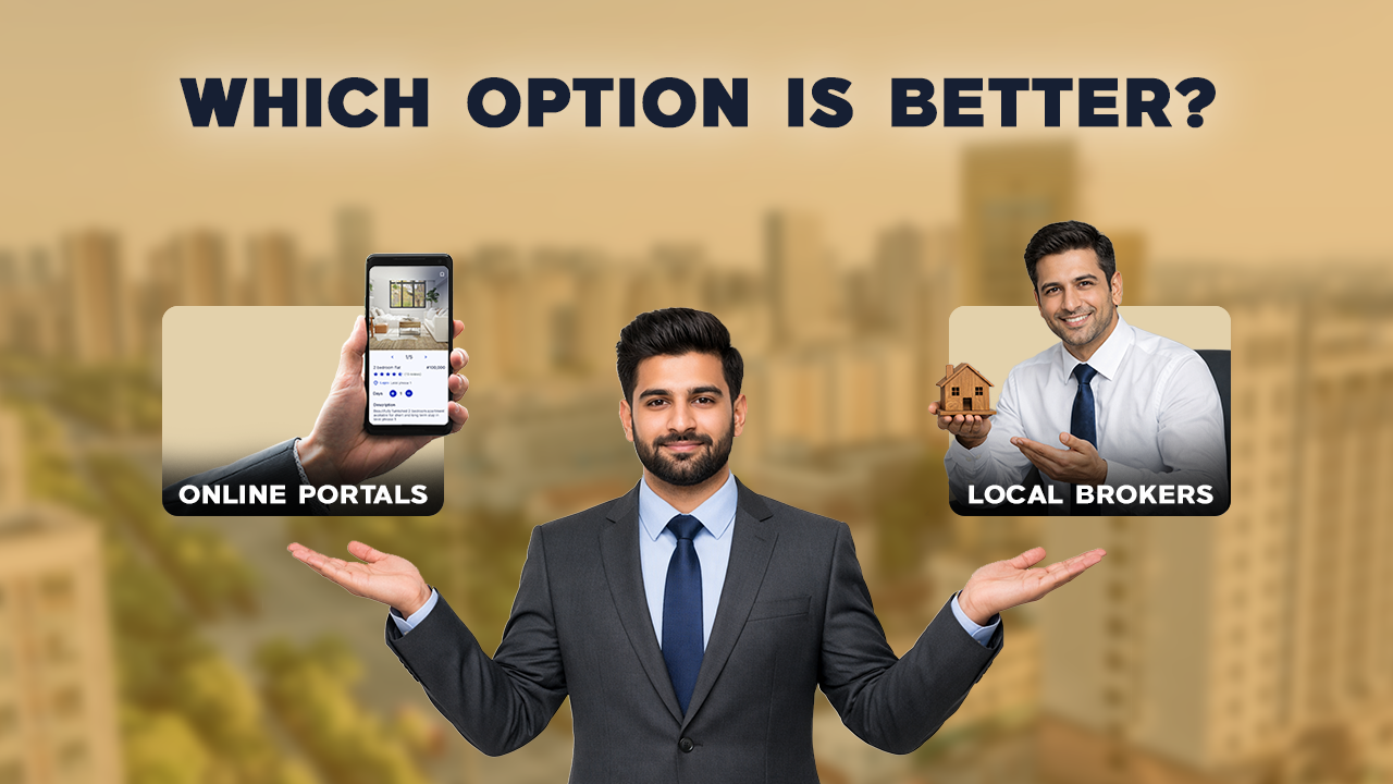 Man in a suit weighing two options with images of a smartphone showing an online property portal on one side and a local broker holding a miniature house on the other, illustrating the comparison between online portals and local brokers for buying property in Ahmedabad.