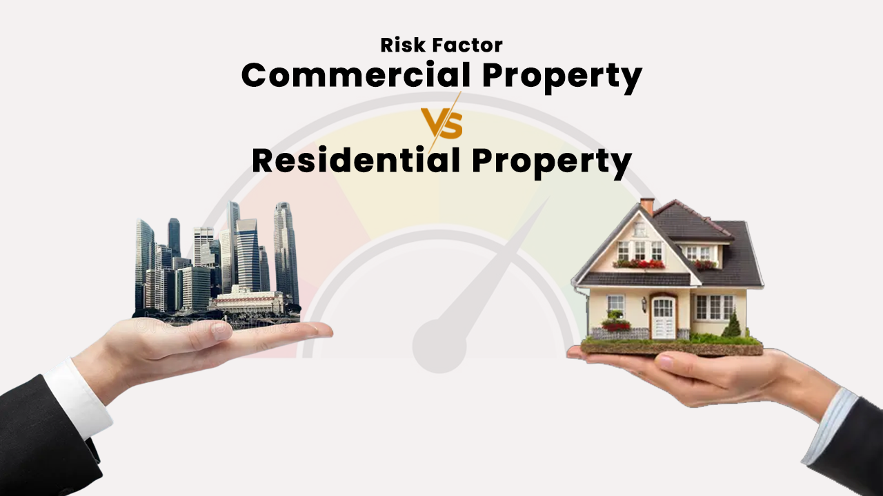 Visual comparison of hands holding miniature models of commercial skyscrapers and a residential house, with a risk meter in the background, illustrating the difference in investment risk between commercial and residential real estate in 2026.