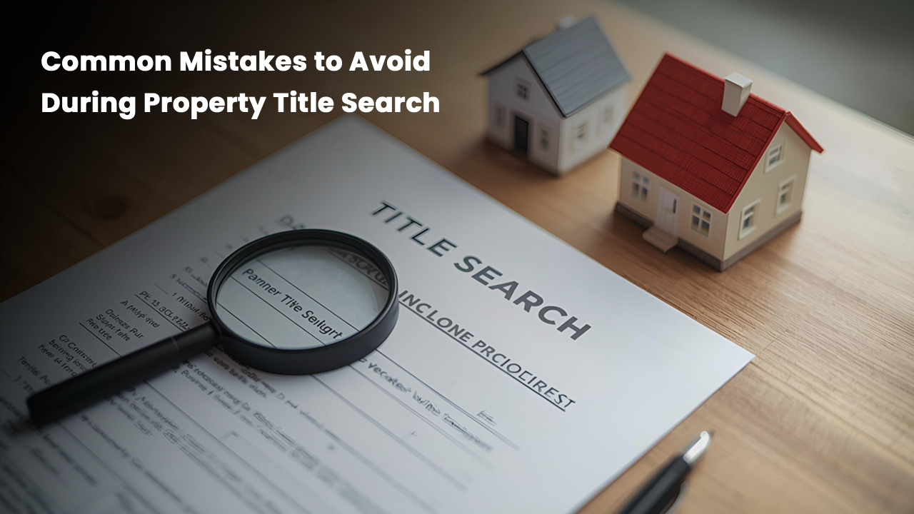 Magnifying glass placed over a title search report beside miniature model houses on a desk, illustrating the importance of careful property title verification and avoiding common title search mistakes.