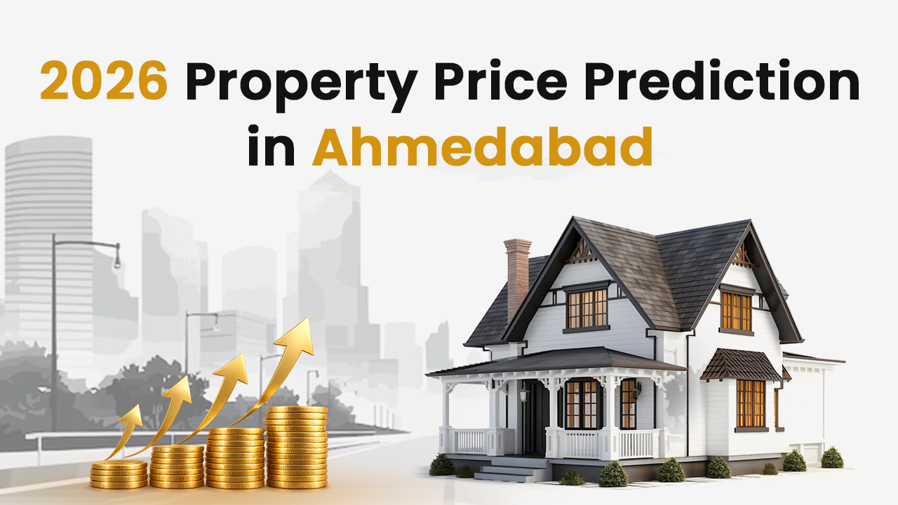 Illustration of a residential house with rising gold coins and upward arrows against Ahmedabad city skyline, representing 2026 property price prediction in Ahmedabad and expected growth in property rates in Ahmedabad area wise, especially West Ahmedabad and emerging corridors like Shela, Ghuma, Bhadaj, and Sanathal.