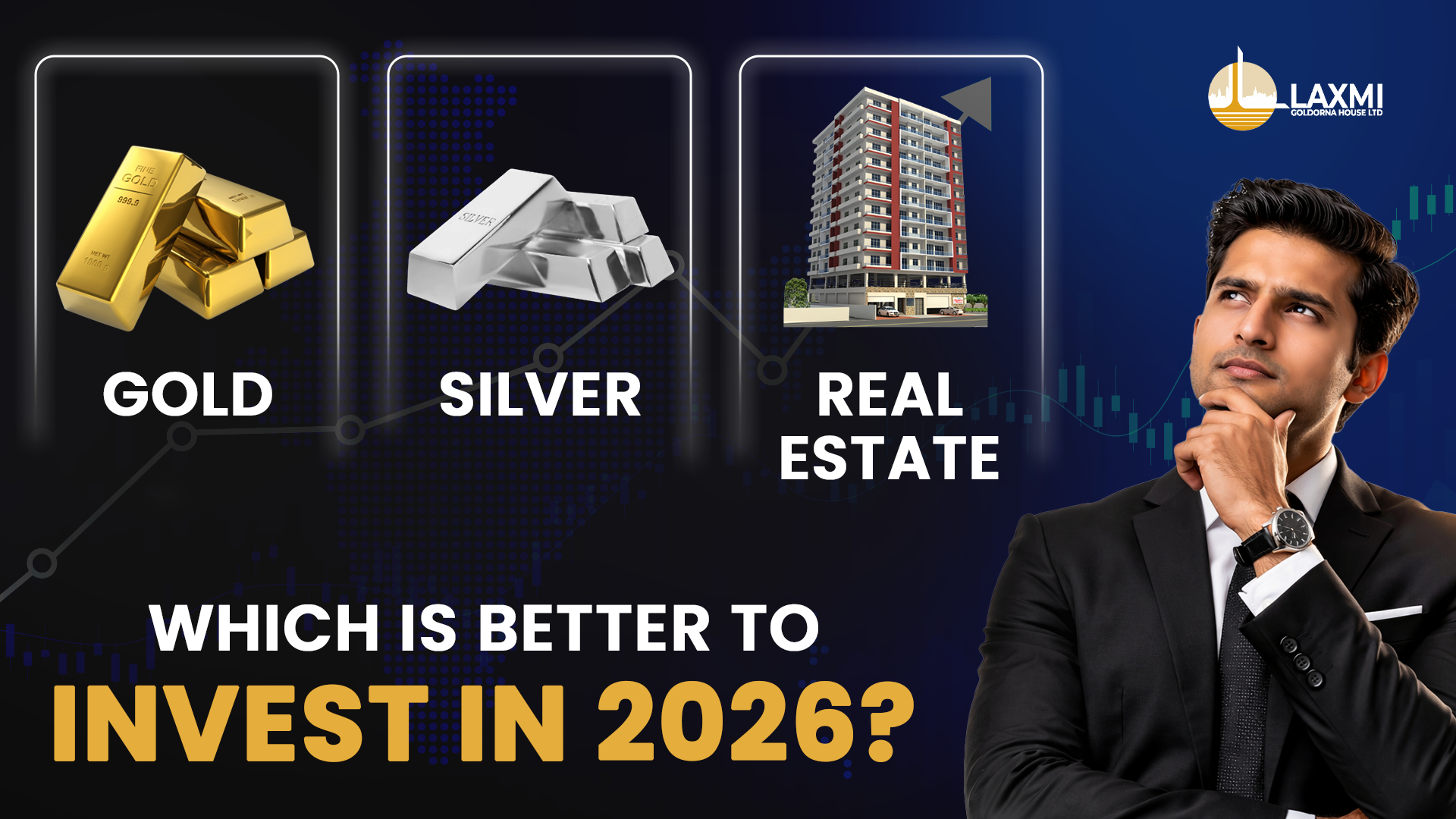 Comparison of gold, silver, and real estate investment options in India for 2026, showing gold bars, silver bars, a residential building, and a businessman analyzing where to invest amid market volatility and rising property demand.