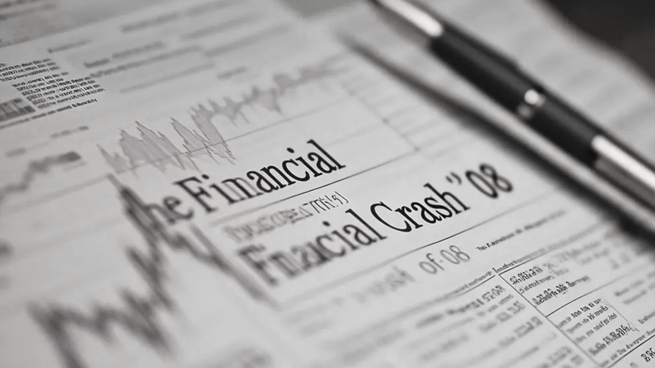 Newspaper headline referencing the 2008 financial crash with stock market charts, used to compare fears of a 2026 real estate crash in India with the 2008 global housing market collapse and differences in regulation and banking safeguards.
