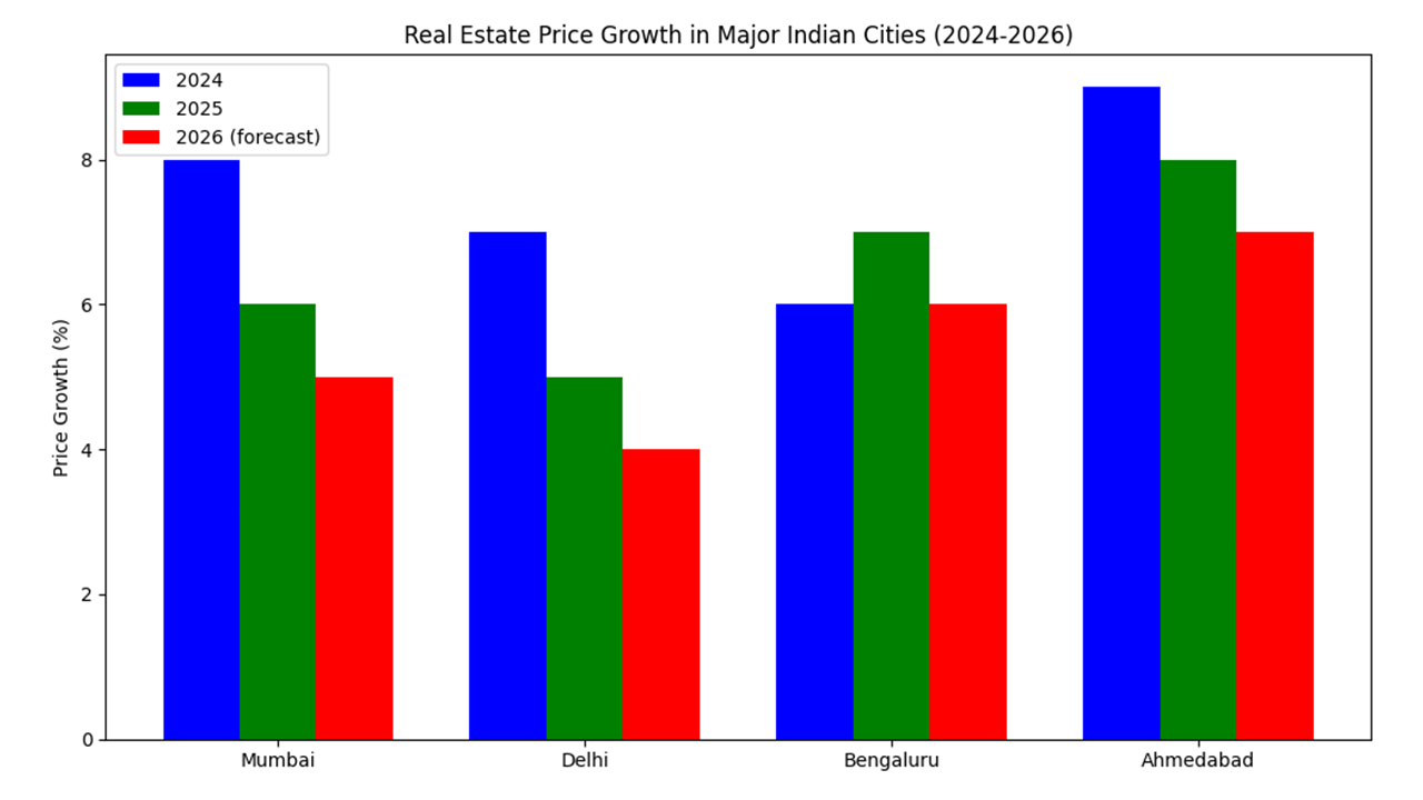 Bar chart showing residential real estate price growth in Mumbai, Delhi, Bengaluru, and Ahmedabad from 2024 to 2026, highlighting steady appreciation trends and 2026 forecast across major Indian property markets.