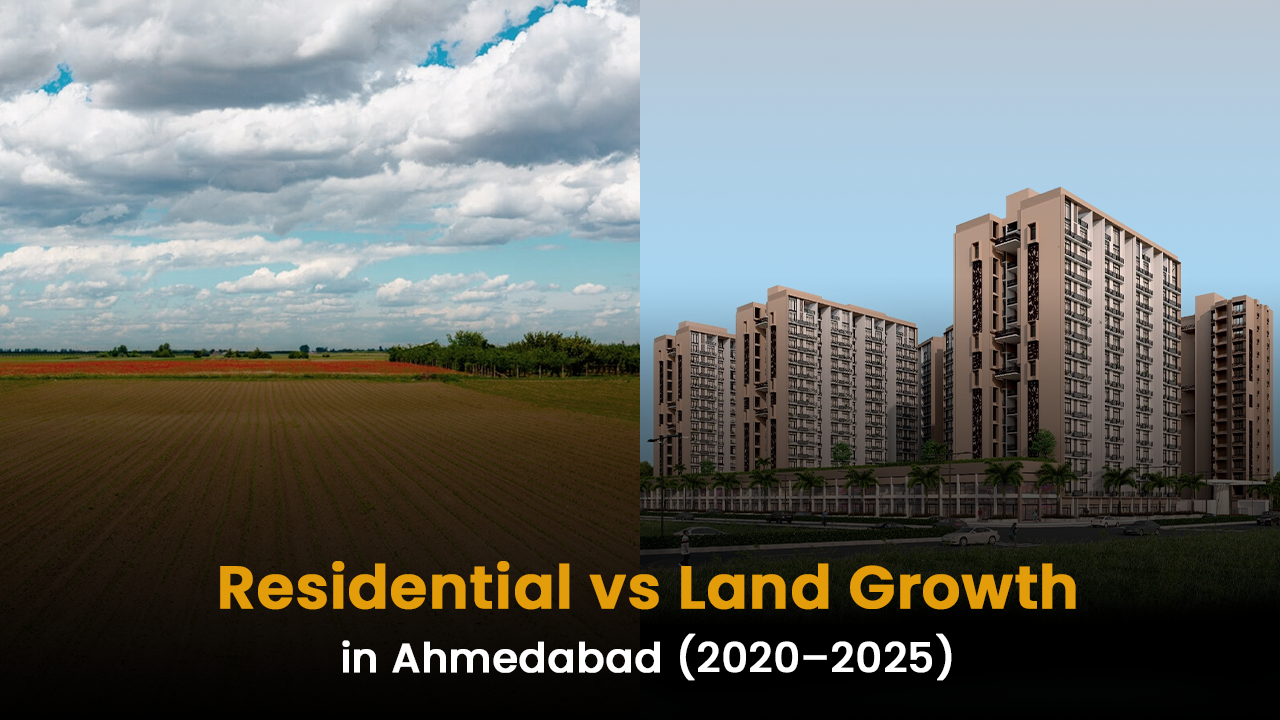 Split image showing agricultural land on one side and residential apartment buildings on the other, illustrating residential vs land growth and the difference in property prices in Ahmedabad area wise from 2020 to 2025.