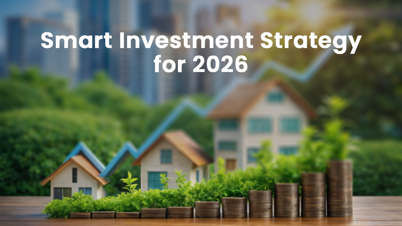 Miniature houses with rising coin stacks and upward growth graph, representing smart investment strategy for 2026 in the Ahmedabad real estate market, highlighting long-term property investment, rental income planning, and strategic home buying decisions.