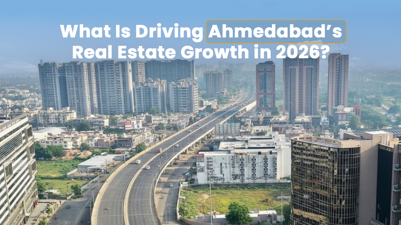Aerial view of Ahmedabad skyline with metro corridor and high-rise developments, highlighting infrastructure expansion, GIFT City influence, and balanced supply-demand dynamics driving Ahmedabad real estate market growth in 2026 and boosting real estate investment opportunities.